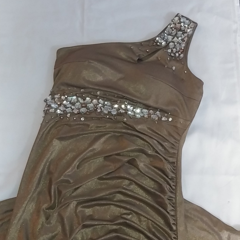 Copper gold one strap long ball dress